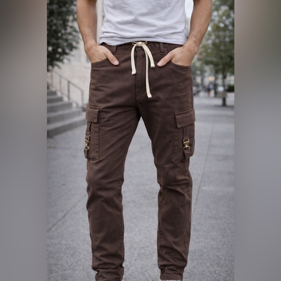 THRT men’s brown Cargo Pants jeans Drawstring Waist Size 40 cargo leg pockets